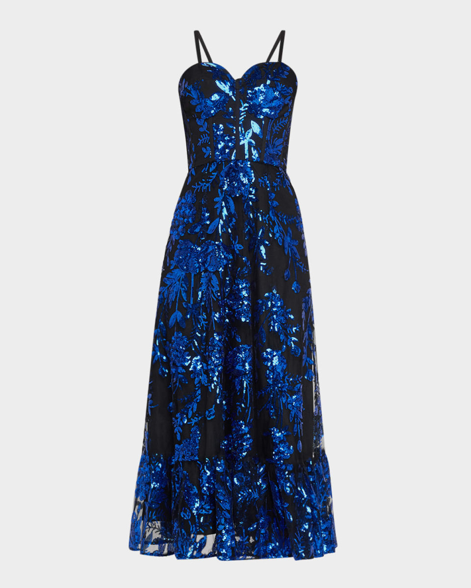 Carina Floral Sequin Sweetheart Midi Dress